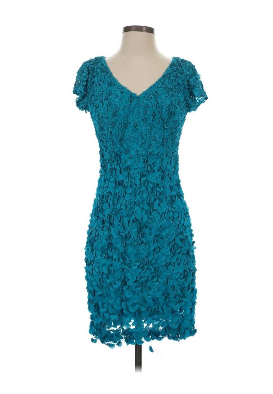 $695 Theia Blue Beaded Petal Applique Dimensional Flower V-Neck A-Line Dress 2